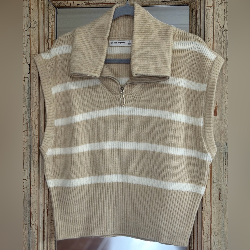 Striped Knit Zip-Collar Sweater Vest in Beige & White